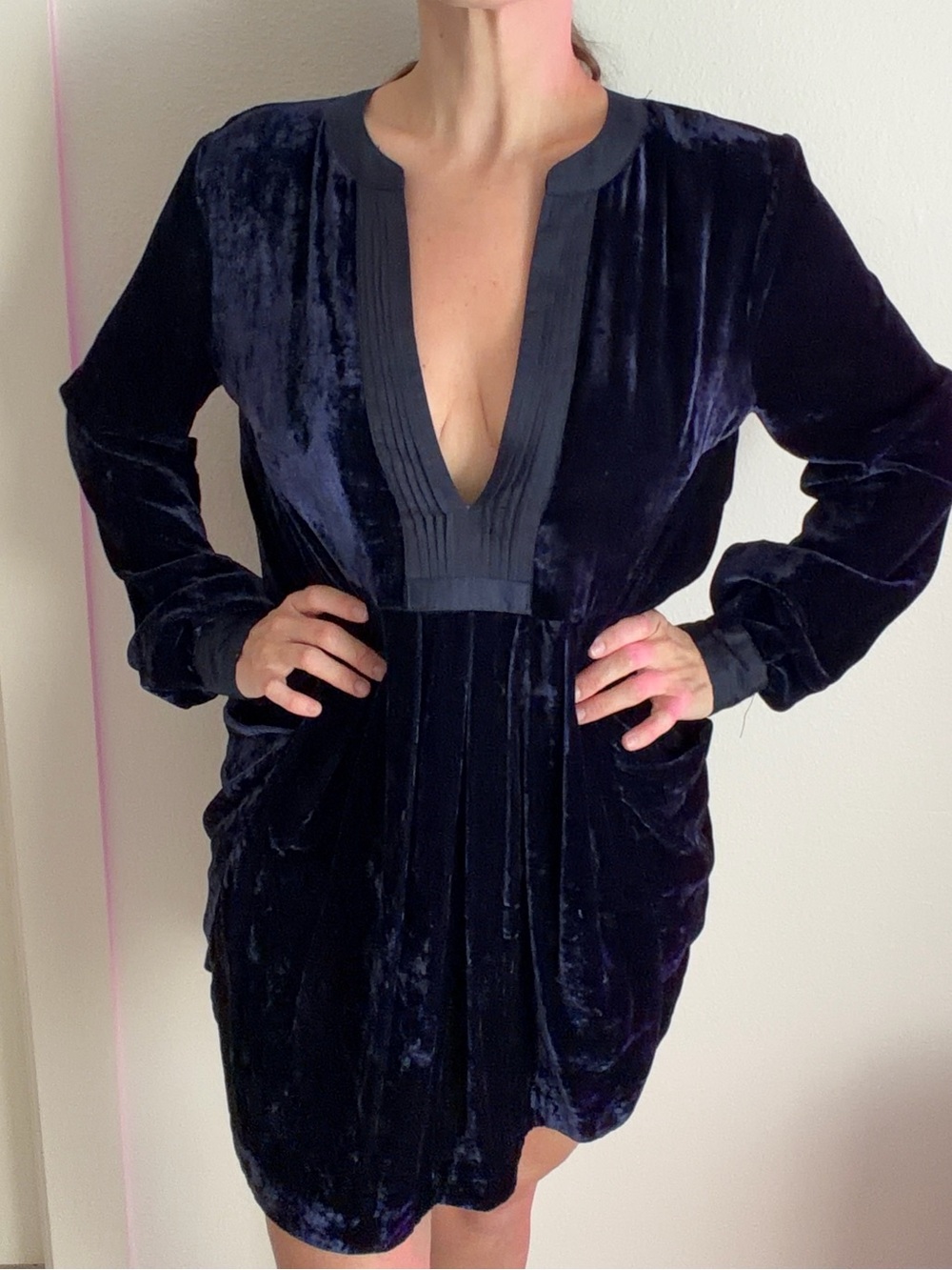 Free People Velvet Deep V Long Sleeve Dress - Navy